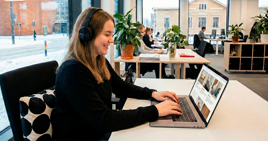 Tyttö kannettavan tietokoneen kanssa toimistossa päivittämässä verkkosivuja