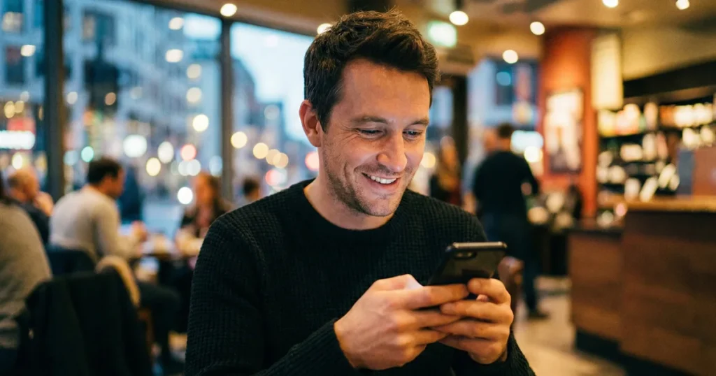 Sosiaalisen median trendit, mies selaa puhelinta kahvilassa